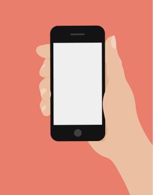 Akıllı telefon kırmızı arka plan üzerinde tutan el. Düz tasarlamak vektör