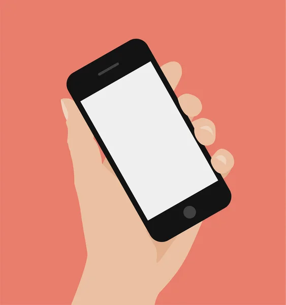 Hand Met Slimme Telefoon Rode Achtergrond Platte Ontwerp Vectorillustratie — Stockvector