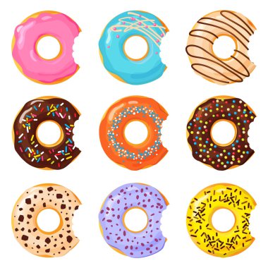 Set of colorful bitten donut on white background, flat vector illustration clipart