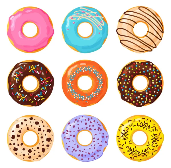 Набор Красочных Пончиков Белом Фоне Плоская Векторная Иллюстрация — стоковый вектор