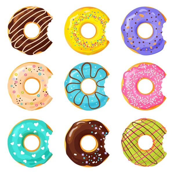 Set Colorful Bitten Donut White Background Flat Vector Illustration — Stock Vector