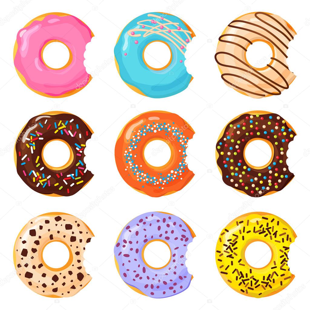Set of colorful bitten donut on white background, flat vector illustration