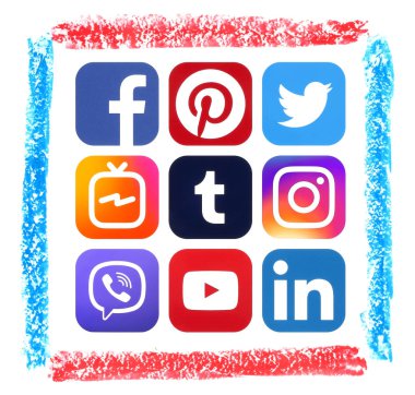 Kiev, Ukrayna - 16 Kasım 2018: pastel el çekilmiş sanat çerçeve ile kağıt üzerinde yazılı popüler sosyal medya simgeler: Facebook, Twitter, Instagram, LinkedIn, Pinterest, Youtube, Inatagram Tv ve diğerleri