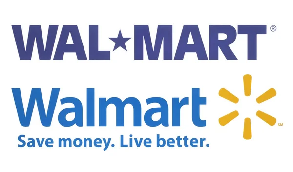 Kiev Ucrânia Outubro 2018 Walmart Logotipos Antigos Novos Impressos Papel — Fotografia de Stock