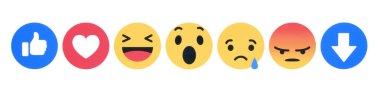 Kiev, Ukrayna - 28 Kasım 2018: Yeni Facebook düğmesi gibi 7 empatik Emoji reaksiyonlar beyaz kağıda basılmıştır. Facebook testleri yeni Downvote düğmesini