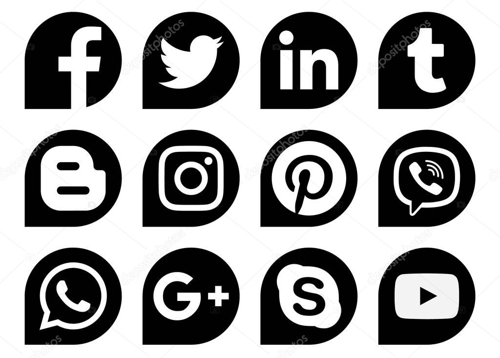Kiev, Ukraine - November 28, 2018: Popular social media black drops icons printed on paper: Facebook, Twitter, Instagram, Pinterest, LinkedIn, Viber, Tumblr and others