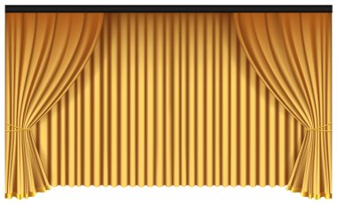 Yellow luxury curtains and draperies on white background, realistic vector illustration
