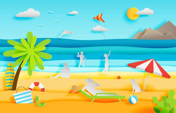 Panorama Verano Playa Tropical Con Gente Ilustración Vectorial Estilo Corte — Vector de stock