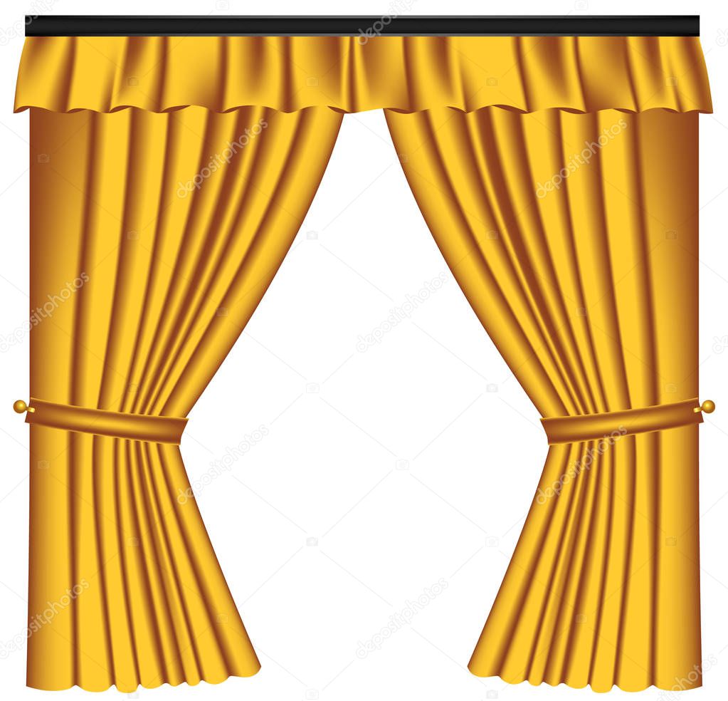 Yellow luxury curtains and draperies on white background, realistic vector illustration