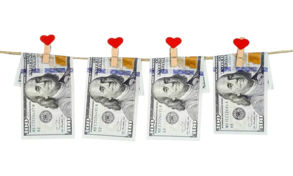 Finanční Koncept Dolarové Bankovky Visí Laně Připojené Láskou Oblečení Kolíky — Stock fotografie