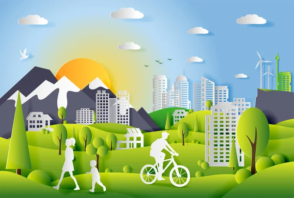 Gelecek ve kentsel teknolojileri ile ekoloji şehir kavramı — Stok Vektör