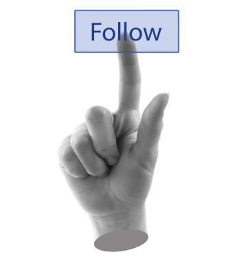 Elle takip düğmesine bas, saydam bir arka planda izole edilmiş, sosyal medya kavramı. Çağdaş sanat