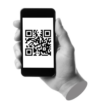 QR kodlu akıllı telefon, şeffaf bir arka plan, teknoloji ve aygıt konsepti ile izole edilmiş. Çağdaş sanat tasarımı