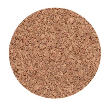 Yuvarlak mantar daire, şeffaf bir arkaplan üzerinde izole, üst görünüm. Sıfır atık yaşam tarzı, el yapımı tasarım ve sürdürülebilir ürün sunumu için doğal çevre dostu malzeme. Tam odaklı fotoğraf