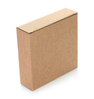 Şeffaf bir arkaplanda izole edilmiş ince bir Kraft karton kutu. Minimum, çevre dostu ambalaj konsepti, depolama, hediyeler, nakliyat ve ürün sunumu için çok yönlü