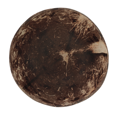 Yarım hindistan cevizi kabuğundan yapılmış, sert kabuklu, şeffaf bir arka planda izole edilmiş, keskin doğal detay için tam odaklanma, üst görünüm