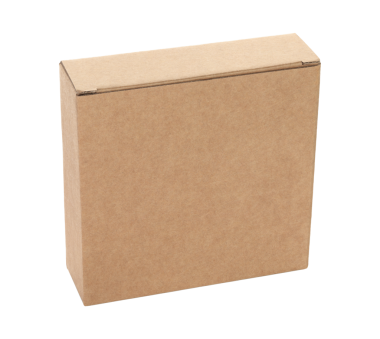 Şeffaf bir arkaplanda izole edilmiş ince bir Kraft karton kutu. Minimum, çevre dostu ambalaj konsepti, depolama, hediyeler, nakliyat ve ürün sunumu için çok yönlü