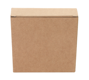 Şeffaf bir arkaplanda izole edilmiş ince bir Kraft karton kutu. Minimum, çevre dostu ambalaj konsepti, depolama, hediyeler, nakliyat ve ürün sunumu için çok yönlü