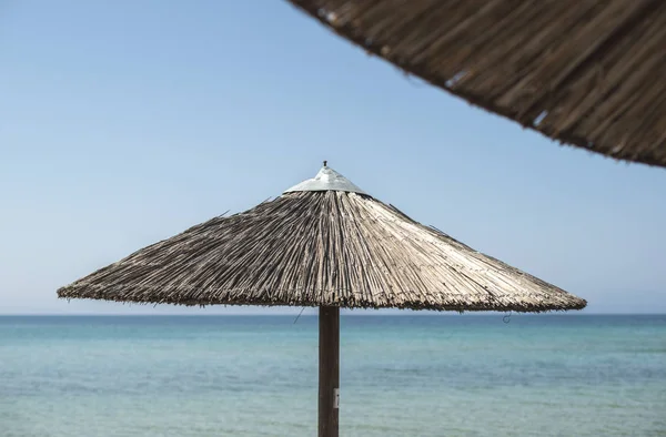 Parapluie Paille Sur Plage Ciel Bleu Journée Ensoleillée — Photo