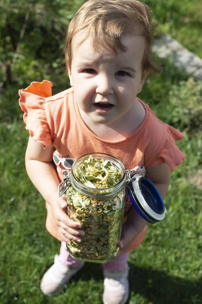 孩子抱着林登的花 绿色的草地 — 图库照片