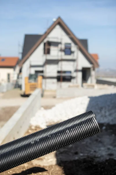 Pijpen Nieuw Bouwen Huis Zonnige Dag — Stockfoto