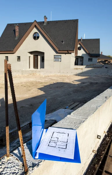 Nieuwbouw Huis Blauwdrukken Bouwplaats — Stockfoto