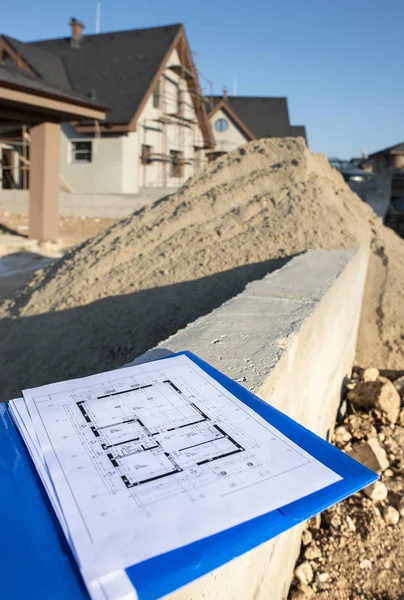 Nieuwbouw Huis Blauwdrukken Bouwplaats — Stockfoto