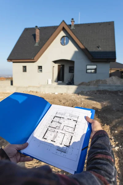 Nieuwbouw Huis Blauwdrukken Bouwplaats — Stockfoto