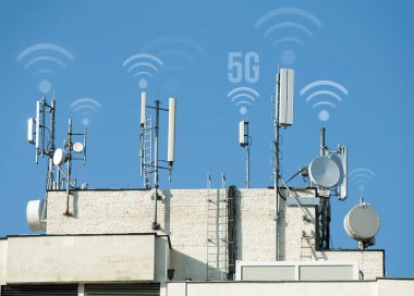 5G antennas and GSM transmitters. Concept for high speed 5G internet. clipart