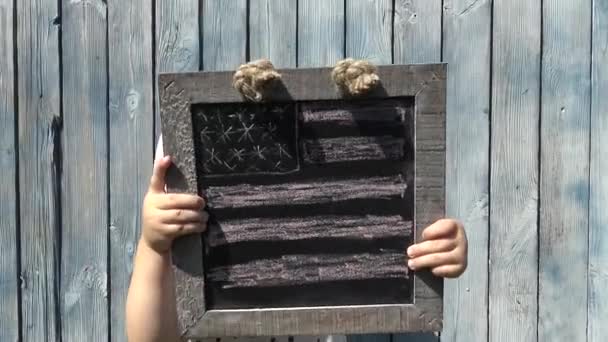 Klein Meisje Toont Usa Vlag Geschilderd Blackboard Zonnige Dag — Stockvideo