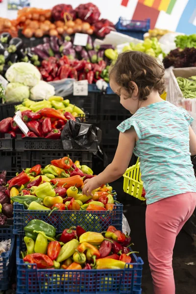 Kid winkelen in groentemarkt. — Stockfoto