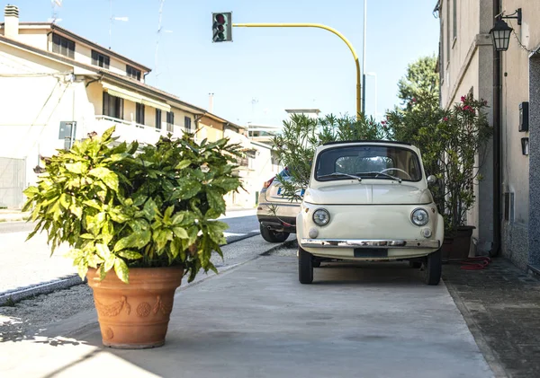 Small Vintage Italian Car Beige Color Old Car Front Old — Stock Photo, Image