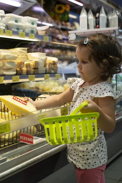 Little girl buying cheese in supermarket. Child hold small baske