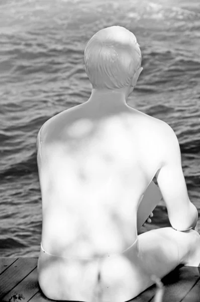 back view of white sculpture sitting at sea water, black and white