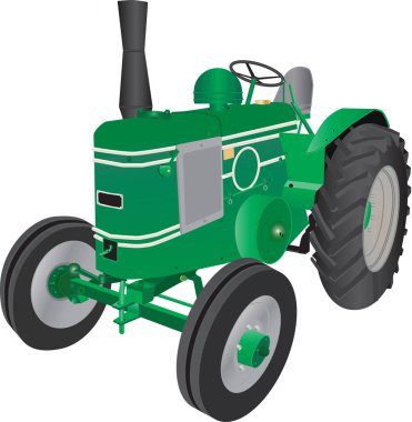 Beyaz üzerinde izole edilmiş dört tekerlekli Vintage Green Çiftlik Traktörünün detaylı bir çizimi