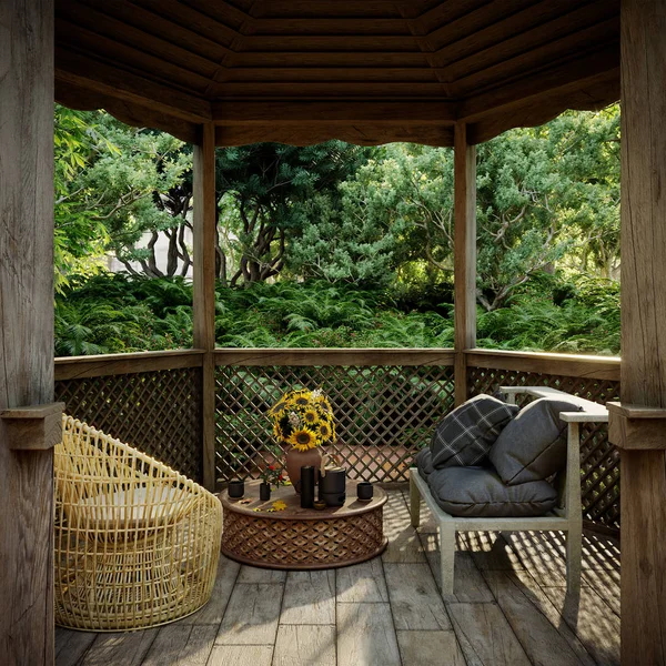 Old Alcove View Tropical Garden Rain Concept Photo Background — Stock Photo, Image