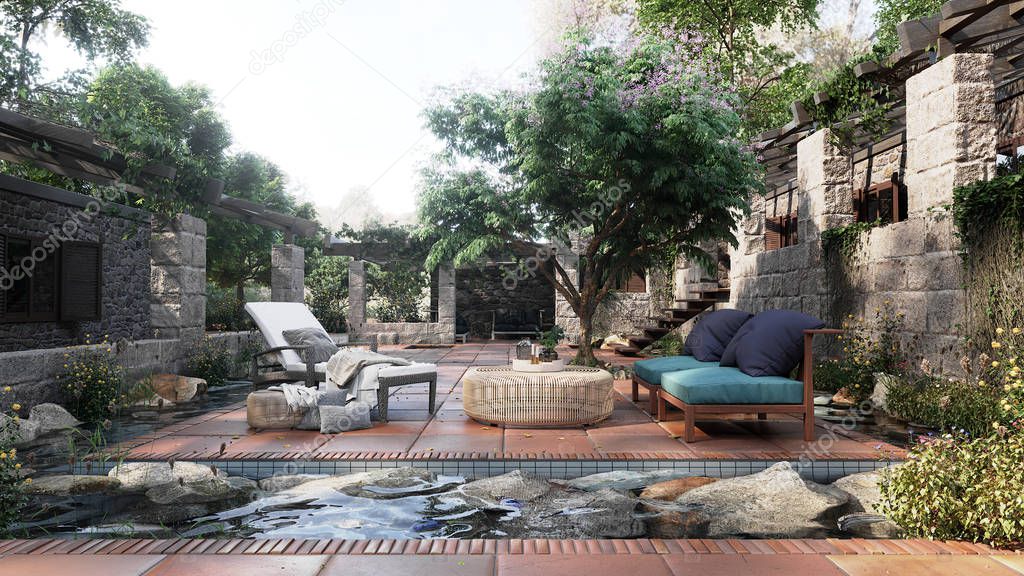 old alcove view with tropical garden after rain concept photo background