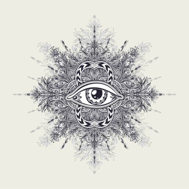All-gören göz Boho Hint Asya etnik tarzı dövme siyah beyaz dekorasyon T gömlek ya da sayfa veya yetişkin renklendirme kitap boyama için soyut sembolü. Kavram sihirli büyü esoterics 