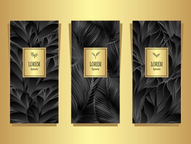 Şablon paketi veya el ilanı için lüks kökenli yapraklar altın tarafından siyah renkler kozmetik ve parfümler için veya paket çay ve alkol etiket veya için farklı şeyler reklam için ayarla
