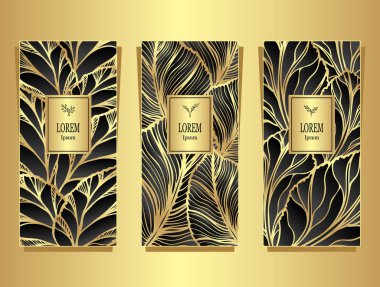 Siyah altın renkli kozmetik ve parfümler için veya paket çay ve alkol etiket veya için takı reklam için ayarlama şablonu için paket veya el ilanı folyo tarafından yapılan lüks kökenli bırakır 