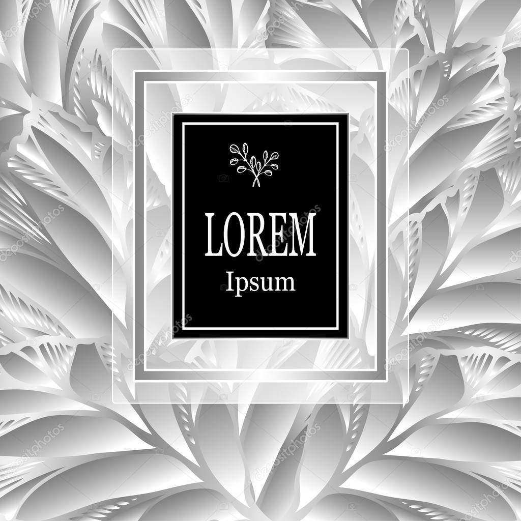 Template for package or flyer from Luxury background made by foil leaves in silver colors for cosmetic or perfume or for package of tea or for alcohol label or for advertising jewelry 