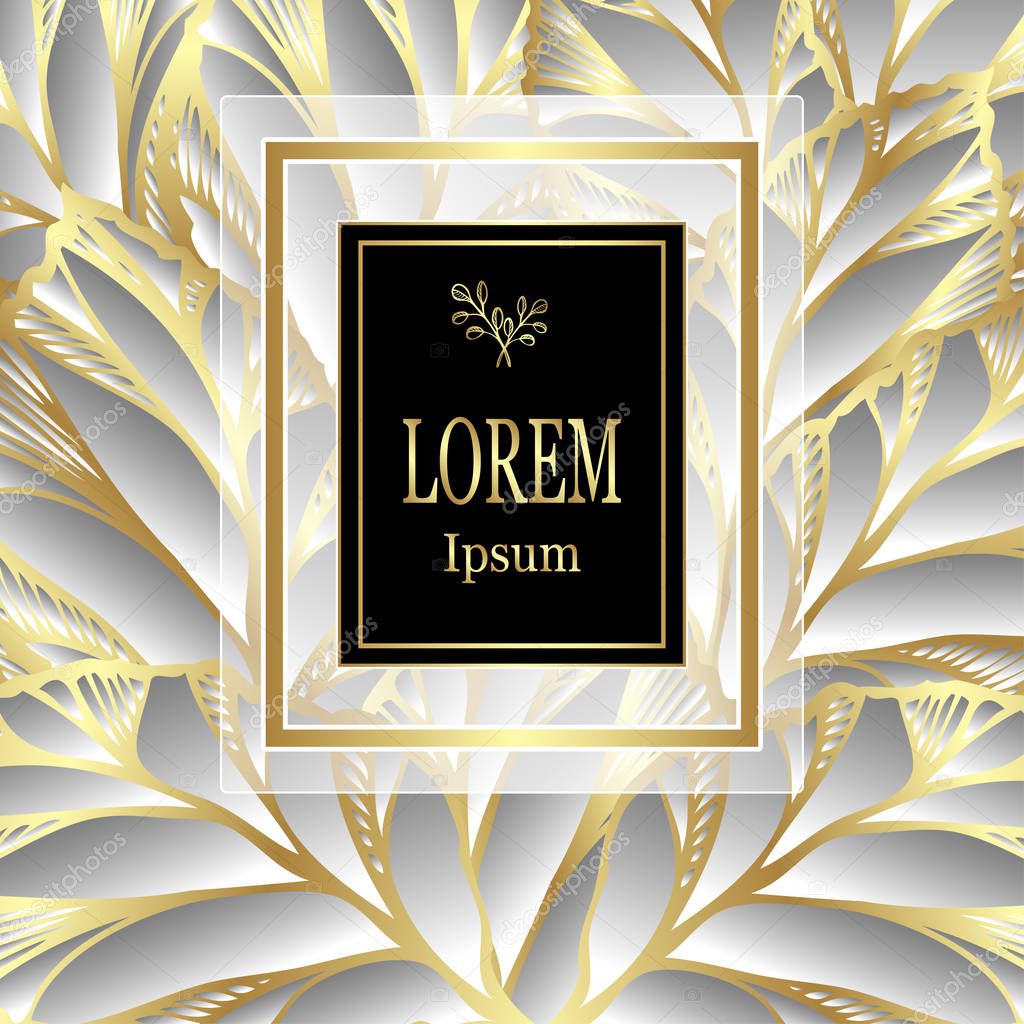 Template for package or flyer from Luxury background made by foil leaves in silver gold colors for cosmetic or perfume or for package of tea or for alcohol label or for advertising jewelry 