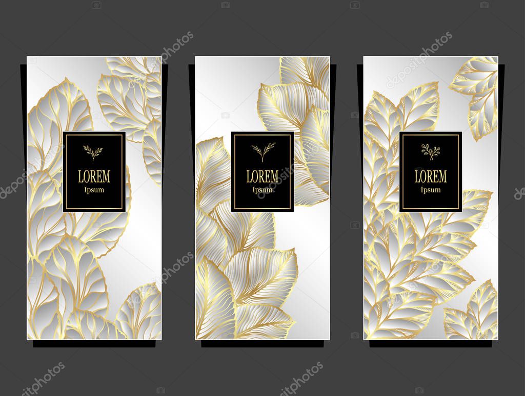 Set Template for package or flyer from Luxury background made by foil leaves in silver gold for cosmetic or perfume or for package of tea or for alcohol label or for brand book