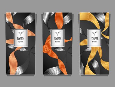 Şablon paketi veya el ilanı veya etiket için lüks arka plan siyah kozmetik veya parfüm ya da saç boyası için ya da marka kitap gümüş folyo soyut şeritler dalgalar saç Orange tarafından yapılan ayarla