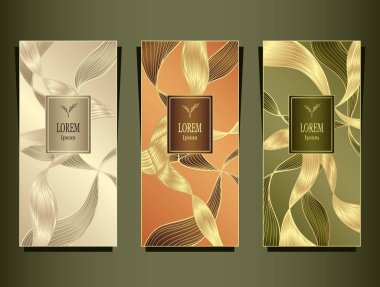 Şablon paketi veya el ilanı veya etiket için altın bej çok güzel zeytin kozmetik veya parfüm ya da saç boyası için ya da marka kitap folyo soyut şeritler dalgalar saç tarafından yapılan lüks kökenli ayarla