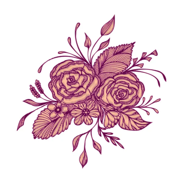 Buquê Flores Abstratas Com Efeito Feito Mão Bordado Rosa Borgonha — Vetor de Stock