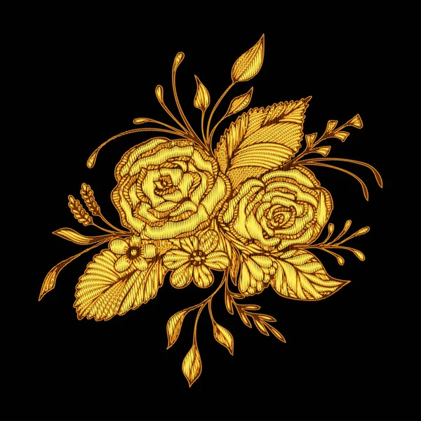 手作り刺繍入り花束の花を抽象的なもの金色と黒色および他の装飾の服またはパッケージの効果 — ストックベクタ