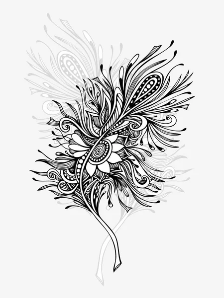 Plume Décorative Zen Doodle Zen Enchevêtrement Boho Style Noir Sur — Image vectorielle