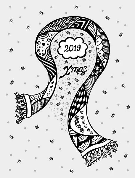 Christmas Ram Med Halsduk Snöflingor Zen Härva Doodle Textur Svart — Stock vektor