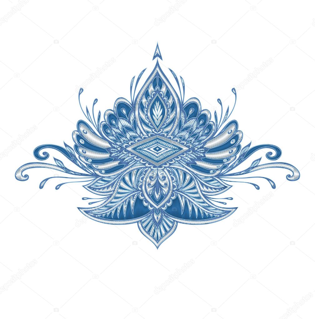 Decorative element emblem or crown with embroidery effect in blue silver colors for decorate clothes or for logo of different thing